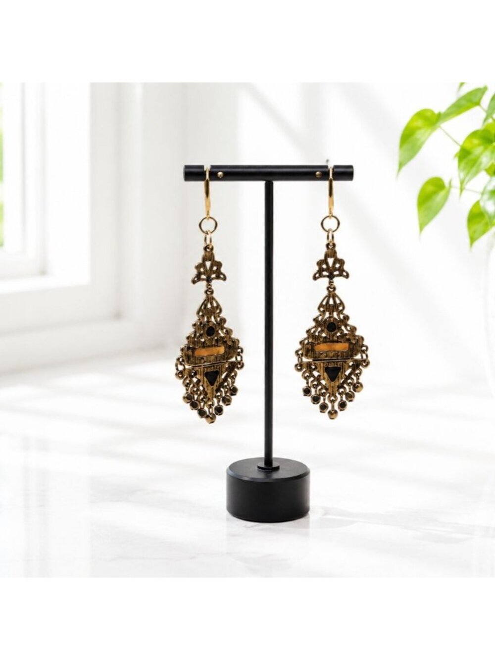 Vintage Brass Chandelier Earrings With Amber & Black Accents Intricate Filigree